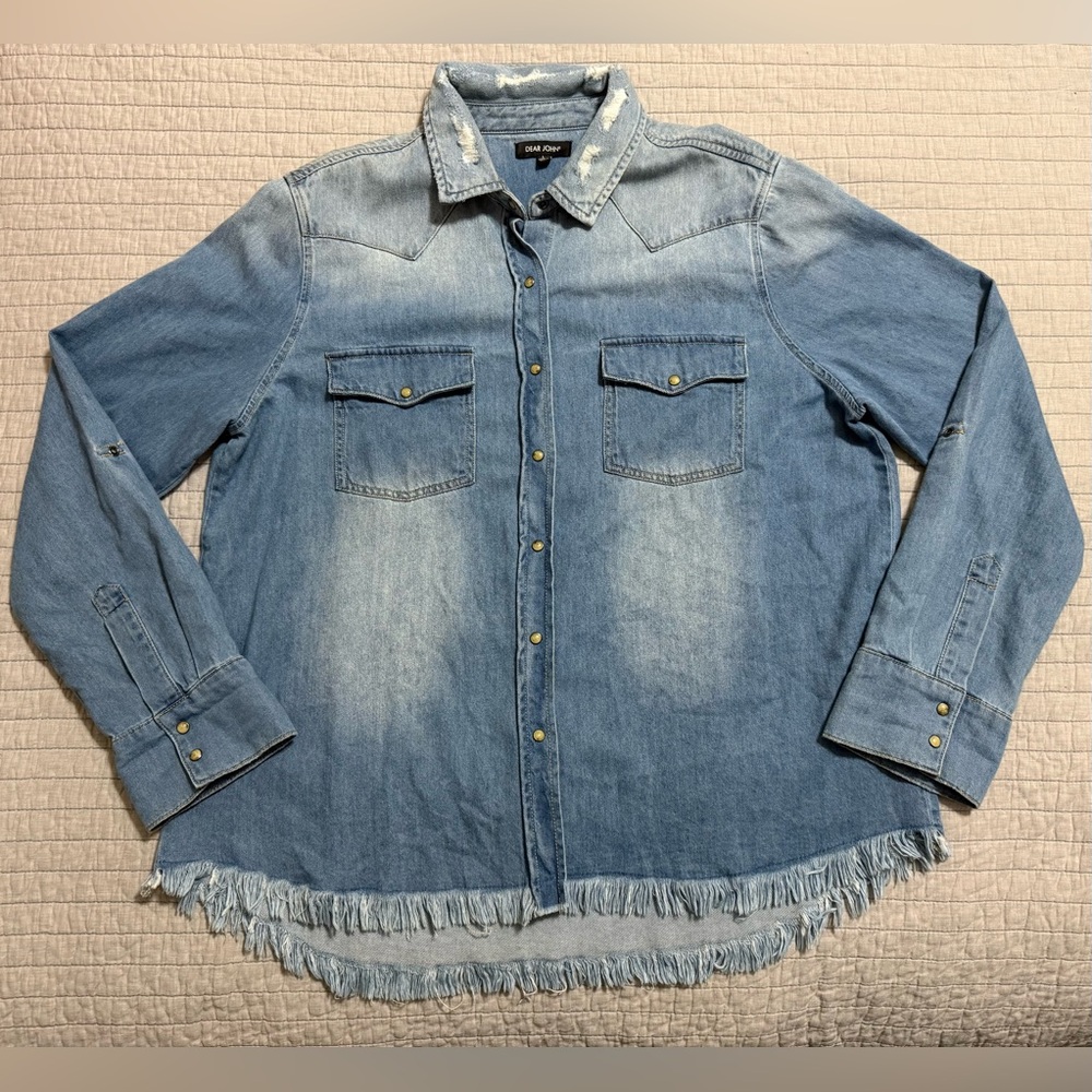 Dear John Denim Western Chambray Denim Distressed Shirt Blue Size Large - Picture 4 of 9